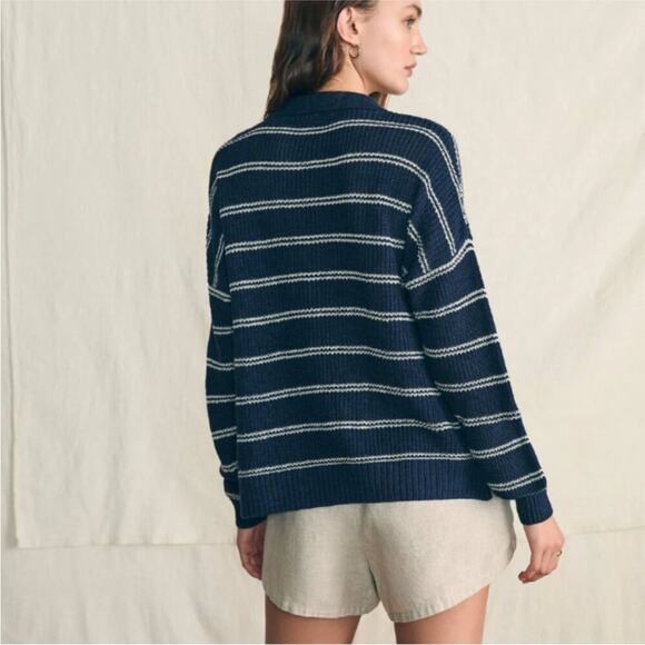 Faherty Miramar Linen Polo Sweater Navy Mystic and Cream Striped M - Picture 4 of 10